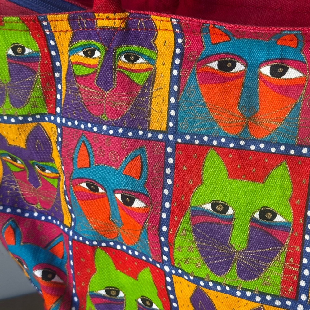 Laurel Burch Canvas Tote Bag Red Blue Three Cats Sequin Embroidered Shoulder Bag - Picture 12 of 16